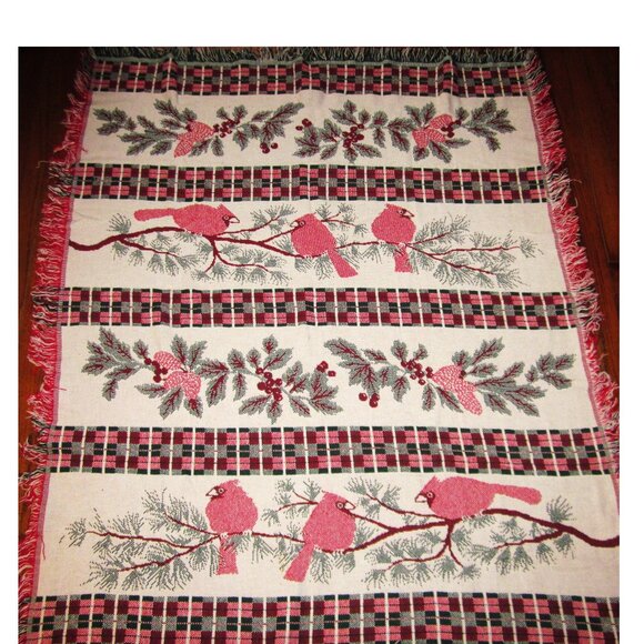 Bird & Pine Branch Throw Blanket Woven Fringe Winter Decor Red Gray White - Picture 1 of 5